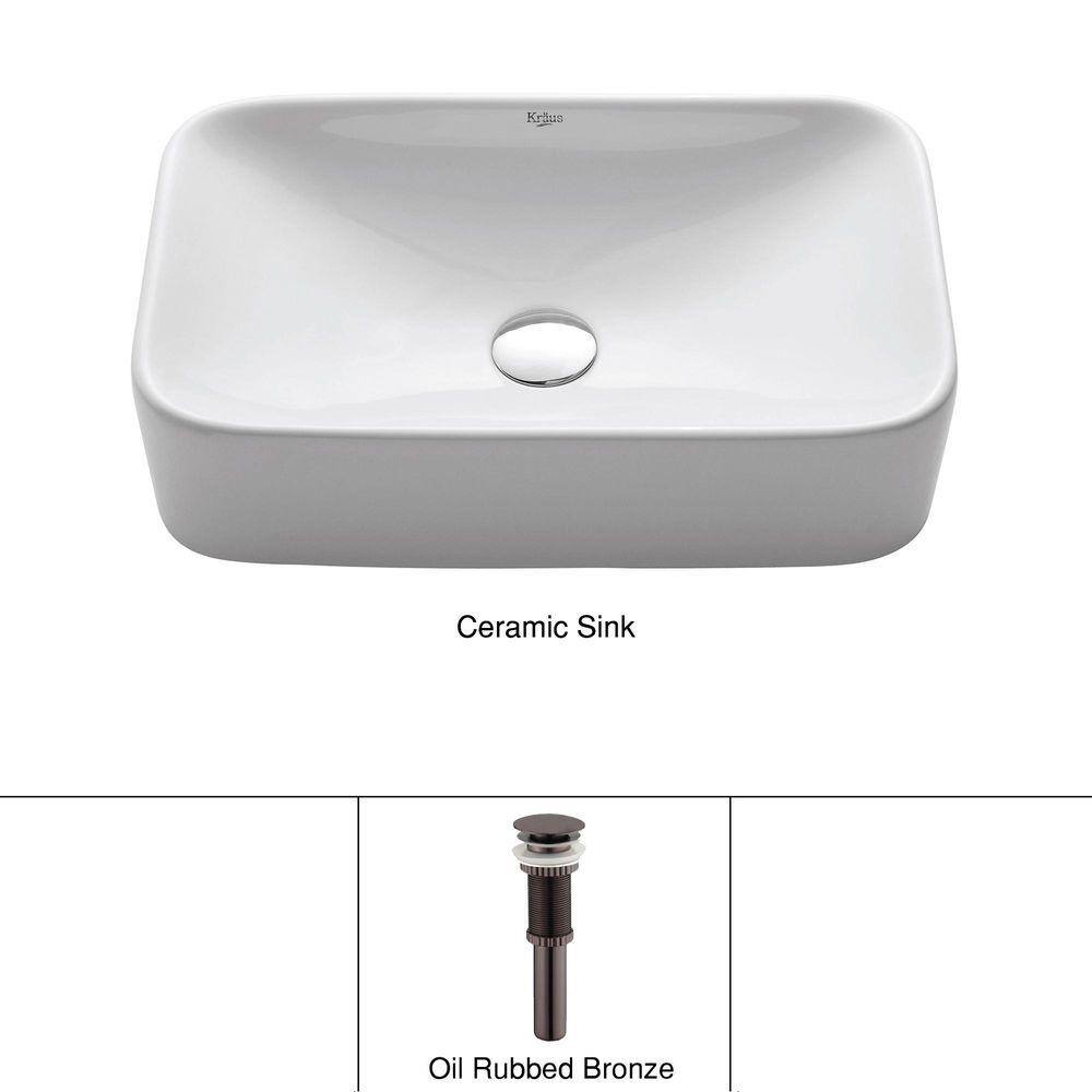 White Ceramic Rectangular Vessel Sink with Oil Rubbed Bronze Drain