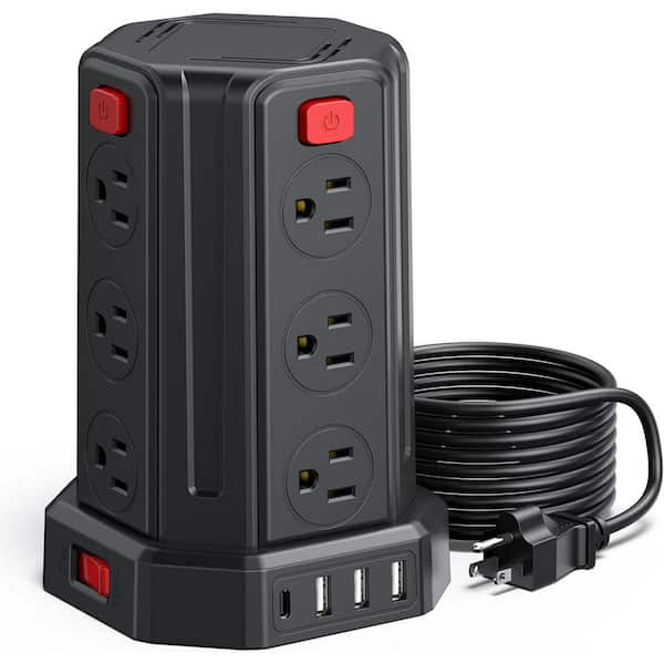 Lukyamzn 12-Outlet Power Strip Surge Protector with 10 ft. Extension Cord, 4 USB Port in Black