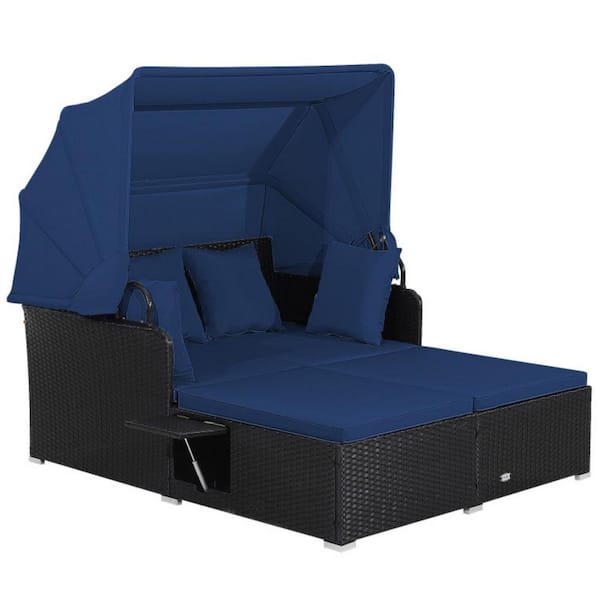 Wicker Outdoor Day Bed Patio Rattan Daybed with Navy Blue Cushions, Retractable Canopy and Side Tables