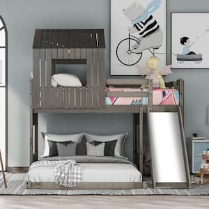 Antique Gray Twin Over Full Bunk Bed with Slide and Roof, Wood House Bunk Bed with Ladder, Playhouse Bed for Kids Teens