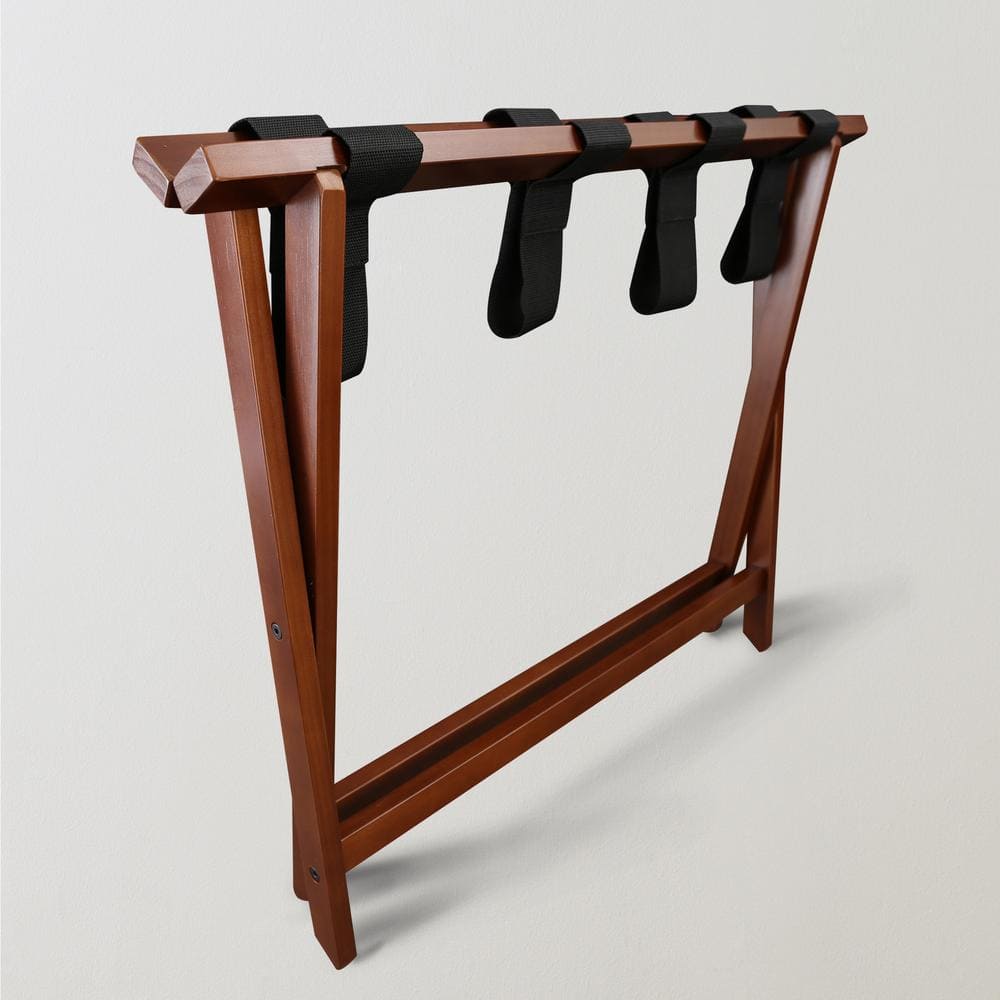 Walnut Extra Wide Folding Luggage Rack with Black Straps