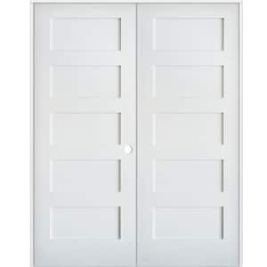 56 in. x 80 in. Craftsman Shaker 5-Panel Left Handed MDF Solid Core Primed Wood Double Prehung Interior French Door