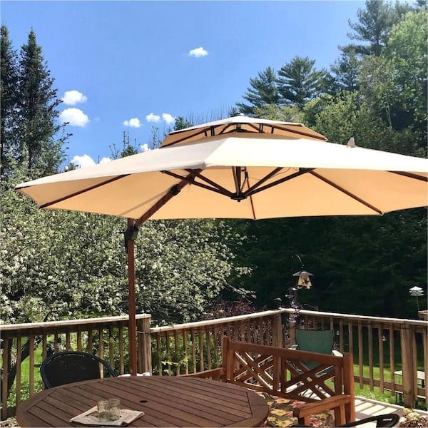 11 ft. Octagon All-aluminum 360° Rotation Wood pattern Cantilever Offset Outdoor Patio Umbrella in Beige