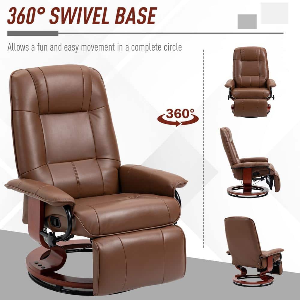 Brown Faux Leather Swivel Recliner with Wood Base