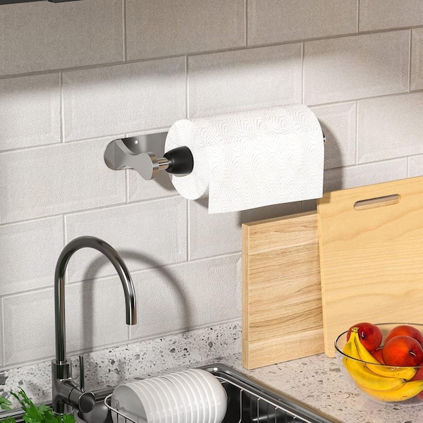 Wall Mount Adhesive Silver Paper Towel Holder Under Cabinet One-Handed Tear Ratchet Mechanism Kitchen Bathroom
