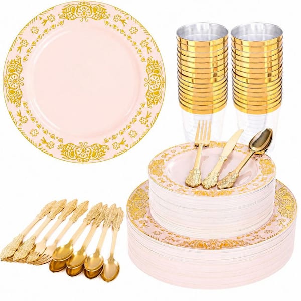 350-Piece Pink and Gold Disposable Dinnerware Set with 50 Dinner Plates 50 Dessert Plates 150 Plastic