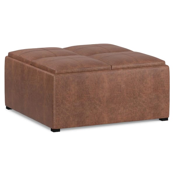 Avalon 35 in. Square Coffee Table Storage Ottoman in Distressed Umber Brown Vegan Faux Leather, Assembled