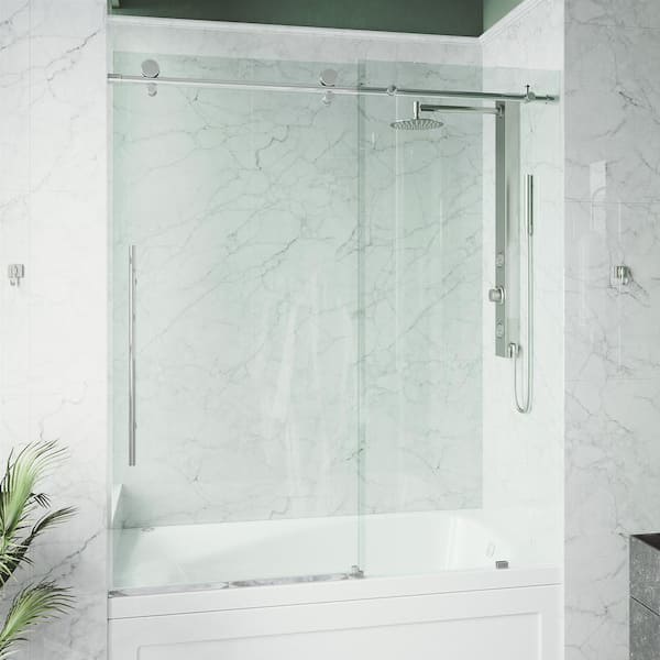 VIGO Elan E-Class 56 to 60 in. W x 66 in. H Sliding Frameless Tub Door in Chrome with 3/8 in. (10mm) Clear Glass