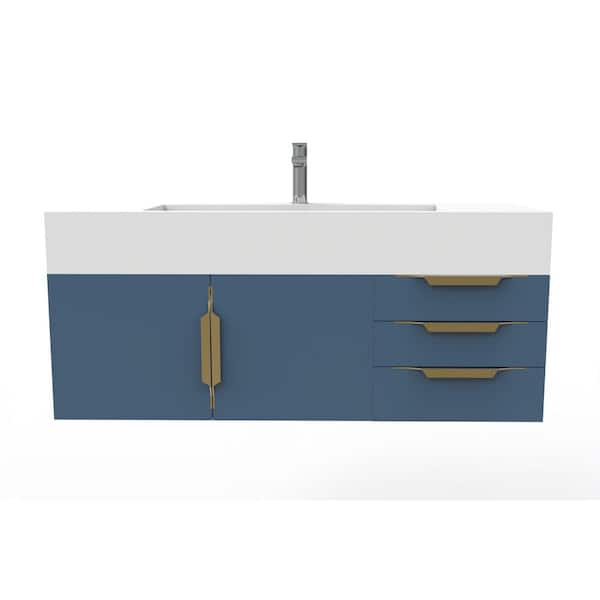 Nile 48 in. W x 19 in. D x 20 in. H Single Bath Vanity in Matte Blue in Gold Trim and White Solid Surface Top