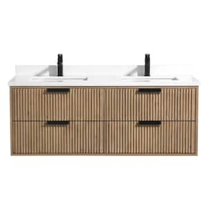 VLeaf 55 in. W x 21 in. D x 22 in. H Double Sink Wall Hung Bath Vanity Cabinet with White Engineered Stone Top