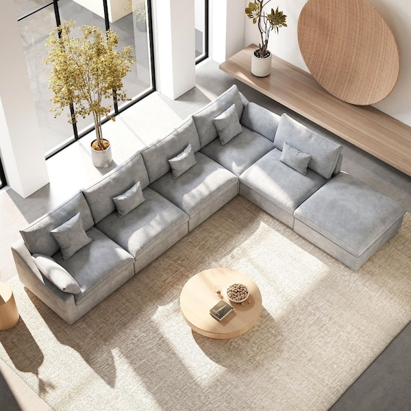 196 in. W Square Arm Linen Upholstered Rectangle 5-Seater Sectional Sofa with Ottoman in. Gray