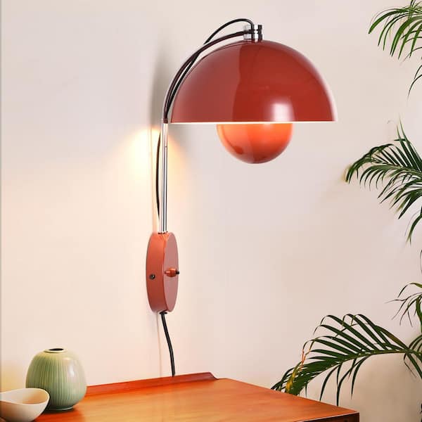 Modern 9.8 in. 1 Light Red Plug in Flower Pot Wall Sconces with Metal Dome Shade, Sleek Reading Wall Lamp with Switch