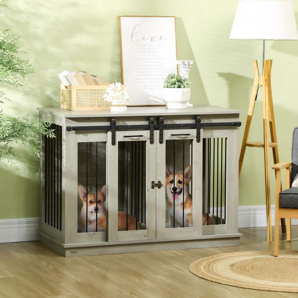 Large Gray Wood and Metal Dog Crate Table with Divider