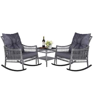 Dark Grey Wicker Outdoor Rocking Chair Set with Grey Cushions, 2-Chairs and 1-Table