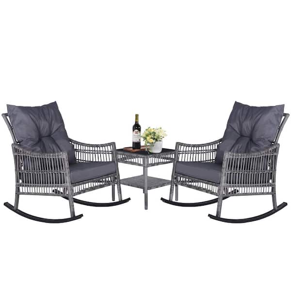 VEIKOUS Dark Grey Wicker Outdoor Rocking Chair Set with Grey Cushions