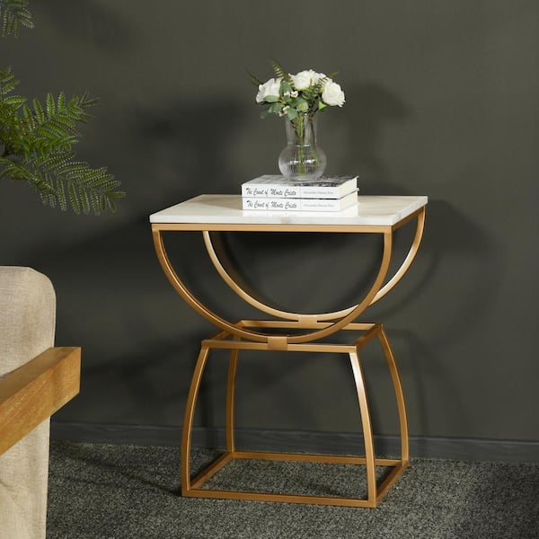 StyleCraft Loren 24 in. White, Gold Specialty Marble End Table