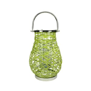 18.5 in. Modern Green Decorative Woven Iron Pillar Candle Lantern with Glass Hurricane