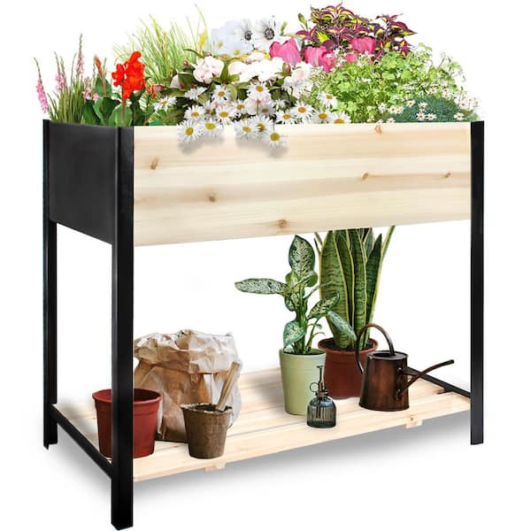 36 in. x 18 in. x 30 in. Black Metal and Wood Raised Garden Bed with Legs and Storage Shelf