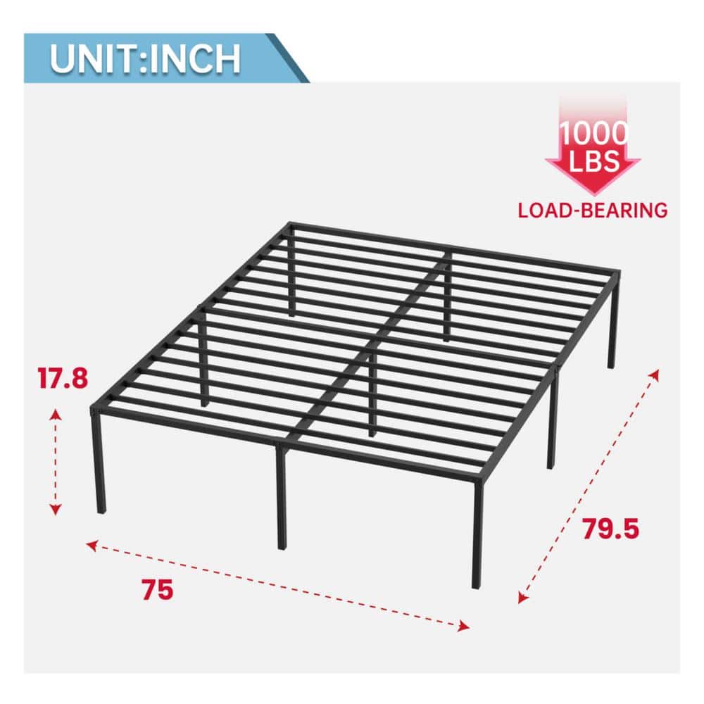 King Black Metal Frame Platform Bed with Steel Slats