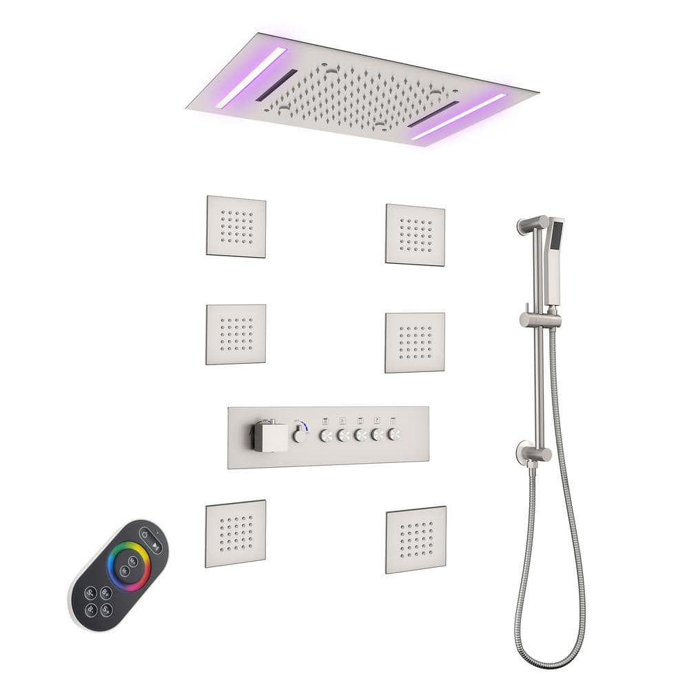 Mondawe Luxury 5-Spray 2.5 GPM 19.7 in. Thermostatic Ceiling Mount Dual Shower Heads with LED and 6-Jet in Brushed Nickel