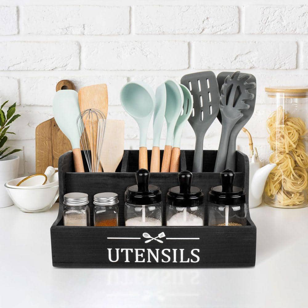 Lynzavix Black Solid Wood Kitchen Utensil Holder Organizer Four ...