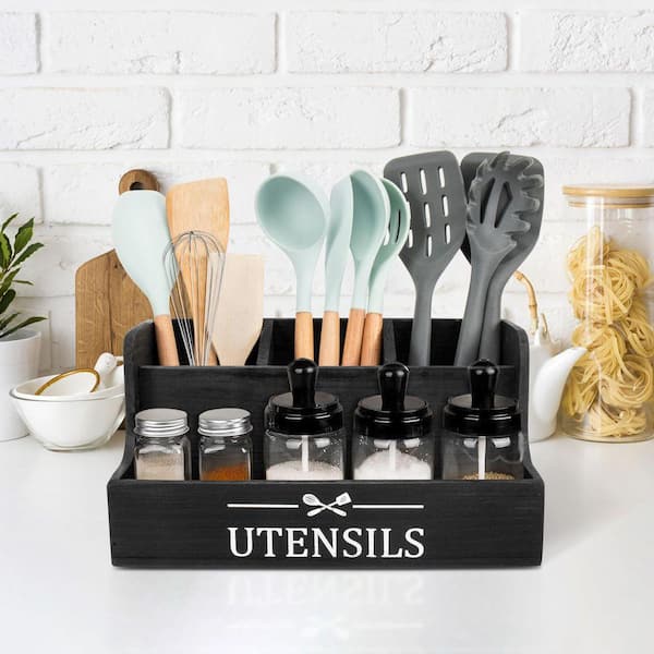 Black Solid Wood Kitchen Utensil Holder Organizer Four Compartments with Spice Storage for Countertop Farmhouse Style