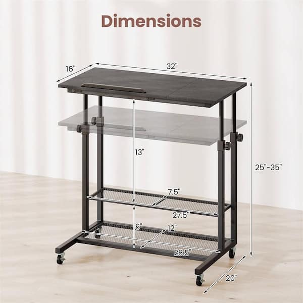 32 in. Rectangular Gray Engineered Wood 0-Drawer Mobile Stand up Desk with Tilting Tabletop Storage Shelves Wheels