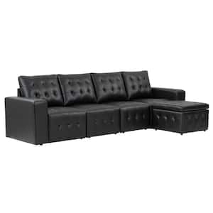 Bona 111 in. wide Black Leather Sofa with Tufted Seats