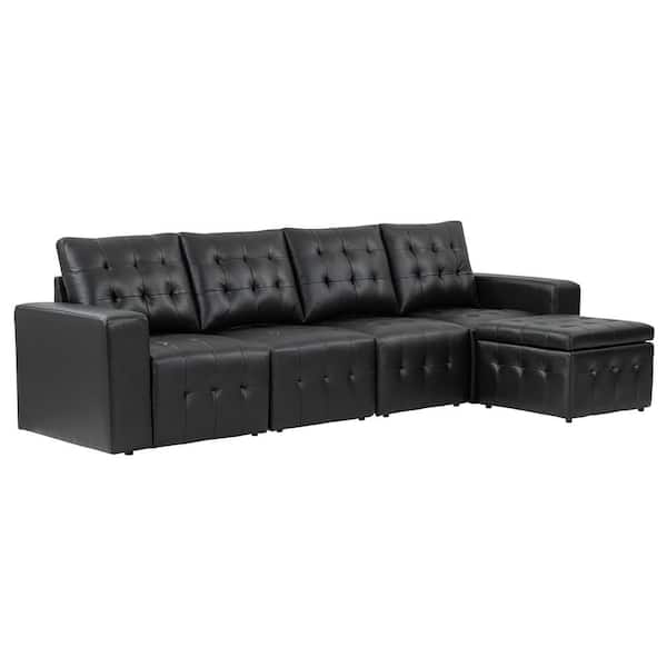 JAYDEN CREATION Bona 111 in. wide Black Leather Sofa with Tufted Seats