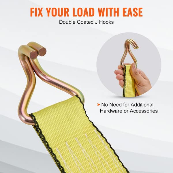 Rhino USA Car Tie Down Straps With J Hooks – 4 Pack 2" X8' – 10,000lbs Break Strength – Heavy Duty T-Handle Car Hauler Tire Lasso Wheel