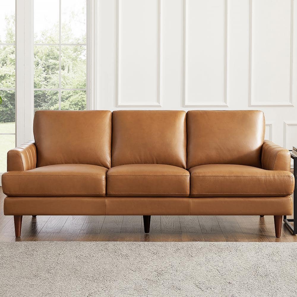 Cassia 80 in. Square Arms Top Grain Leather Rectangle 3-Seater Sofa in Cogn