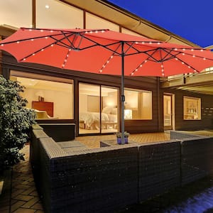 15 ft. Twin Patio Double-Sided Steel Market 48 Solar LED Lights Crank Patio Umbrella in Orange