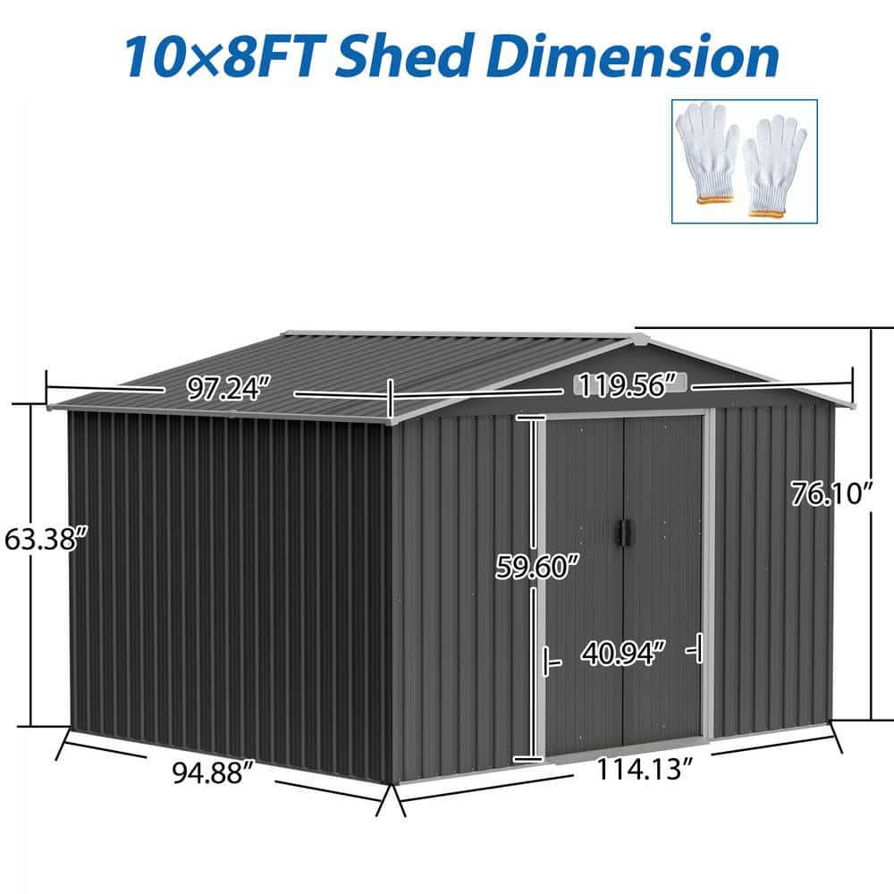10' x 8' Gray Metal Outdoor Storage Shed with Double Doors