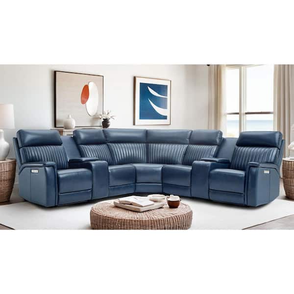 Cole 117 in. Genuine Leather Power Recliner Sectional Sofa with Zero Gravity, USB&USB-C Ports, 2 Consoles in. DarkBlue