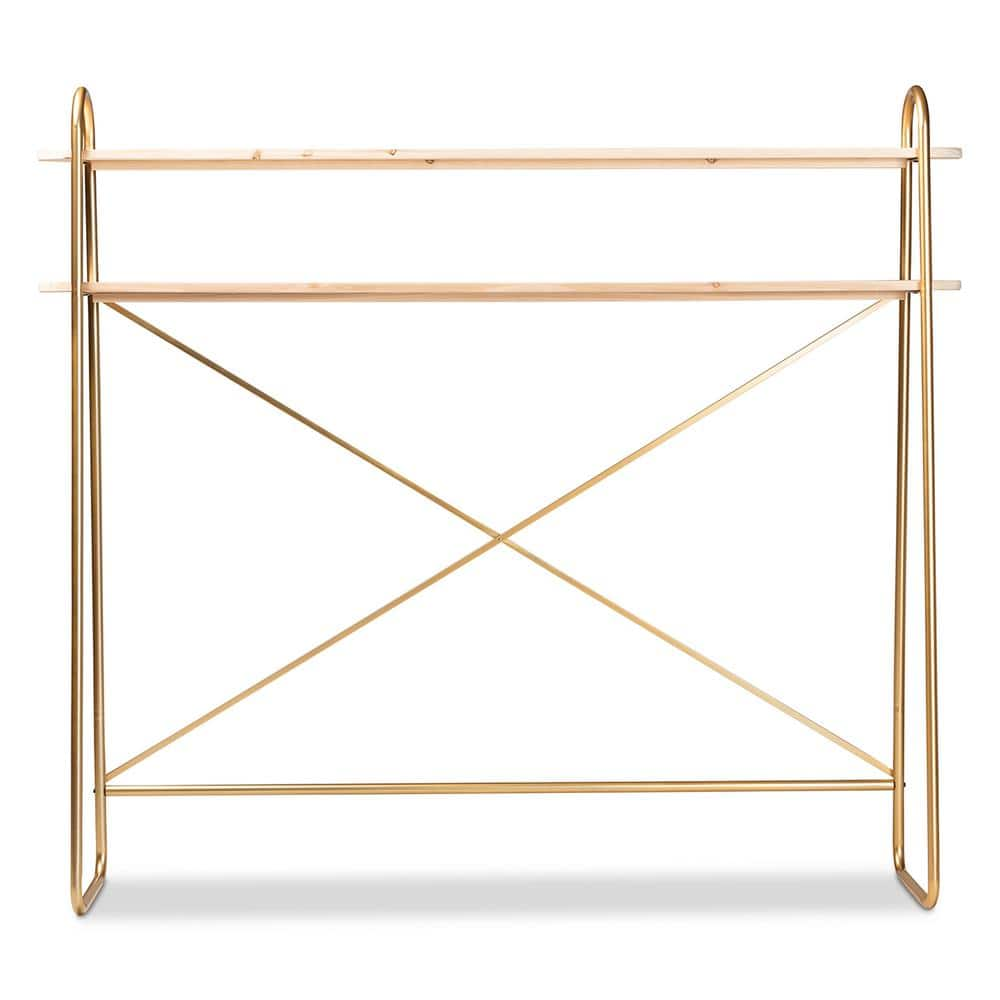 Baxton Studio Merida Natural and Gold 2-Tier Metal Shelving Unit (78 in. W x 68 in. H x 16 in. D)