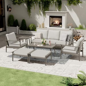 7-Piece Aluminum Patio Conversation Set with 3-Seat Outdoor Couch, Ottomans, Coffee Table and Gray Cushions