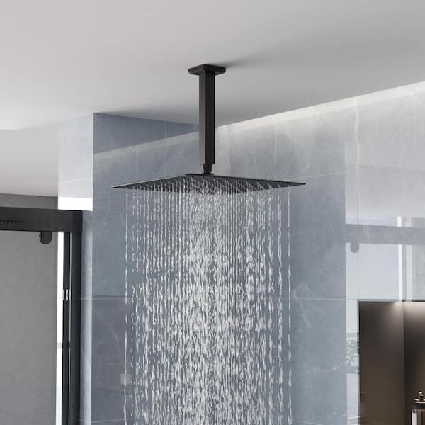 1-Spray Patterns with 2.5 GPM 12 in. Ceiling Mount Rain Fixed Shower Head in Matte Black