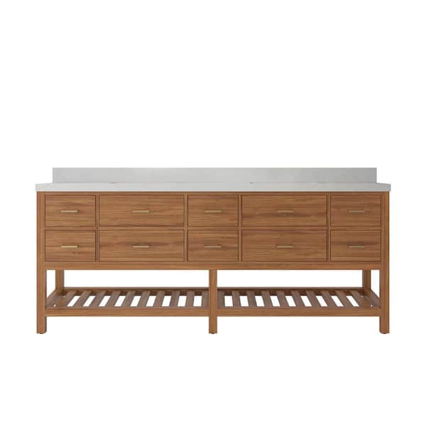 Willow Collections Parker Teak 84 in. W x 22 in. D x 36 in. H Double Sink Bath Vanity in Golden Teak with 2 in. Carrara Quartz Regular Top