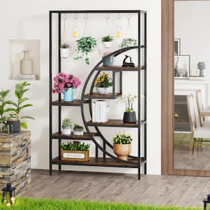 Wellston 70.87 in. Brown Black Rectangle Tall MDF and Metal Indoor Plant Stand 7-Tier Shelf and 6 S Hooks