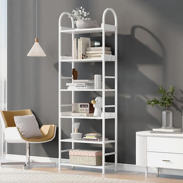 Polibi 70.80 in. Tall White Steel 6-Shelf Bookcase with Adjustable Foot Pads and Round Top Frame, Tall Bookshelf
