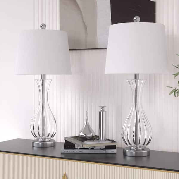 Maxax Denver 25 in. Clear Glass Table Lamp with White Linen Shade. (2-Pack)