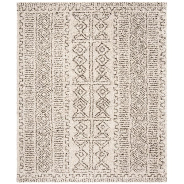 SAFAVIEH Hudson Shag Ivory/Gray 9 ft. x 12 ft. Border Tribal Area Rug