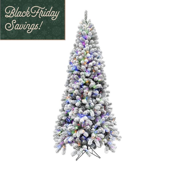 12 ft. Pre-Lit Flocked Akaskan Pine Artificial Christmas Tree with Multi-Color LED String Lighting
