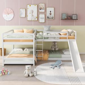 White L-shaped Full and Twin Size Bunk Beds with Slide and Ladder, Double Wood Bunk Beds for 4 Kids and Teens