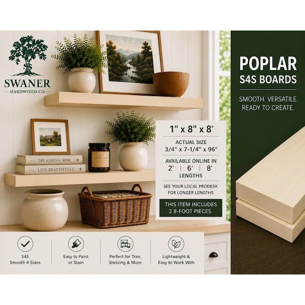Swaner Hardwood 1 in. x 8 in. x 8 ft. Poplar S4S Board (2-Pack