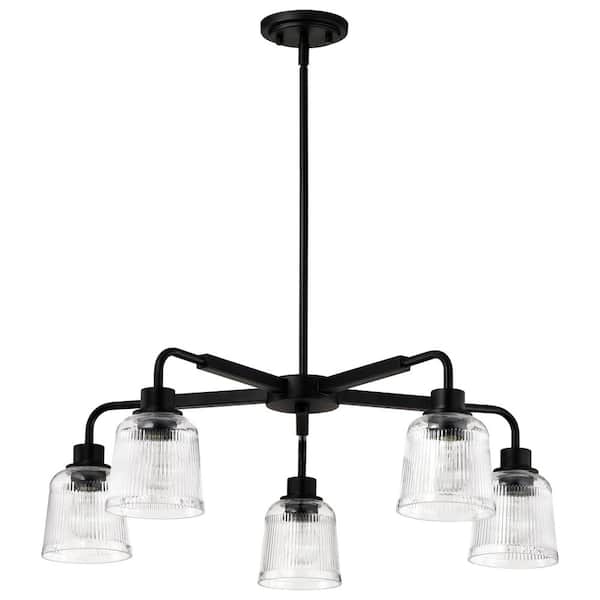 Grayson 5-Light Matte Black Traditional Chandelier with Clear Ribbed Glass Shades