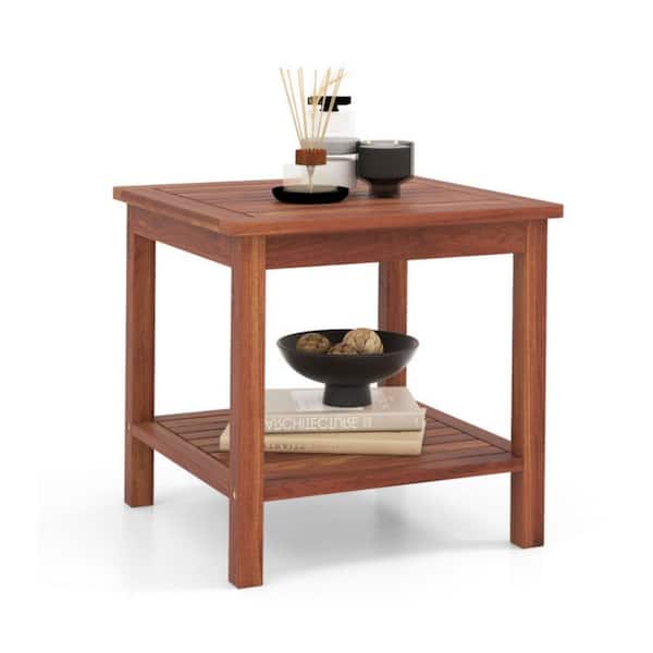 Kadehome 18 in. W Double-Tier Acacia Wood Patio Side Table with Slatted Tabletop for Balcony, Deck or Porch