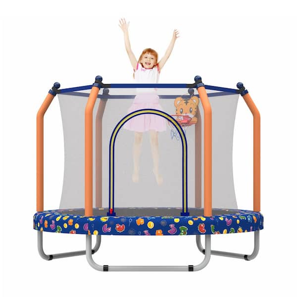Kelmor 55 in. Outdoor Recreational Trampoline for Kids with Enclosure Net and Basketball Hoop, Blue Cartoon Pattern