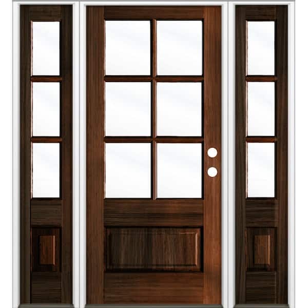 Krosswood Doors 64 in. x 80 in. Farmhouse 3/4 Lite Clear Glass Left-Hand/Inswing Red Mahogany Stain Hemlock Prehung Front Door w/DSL