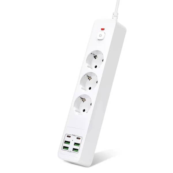 Etokfoks 3-Outlet EU Plugs Sockets Standard Grounded Power Strip with 4 USB 2.0 and 2 Type C Ports in White